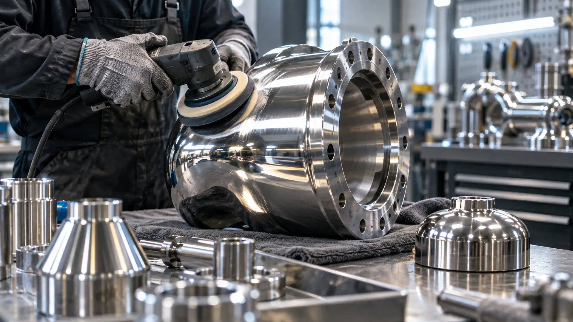 Polished metal components inside the Singh Metal Polishing workshop