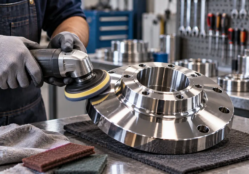 Polished chrome and stainless steel components arranged in a workshop