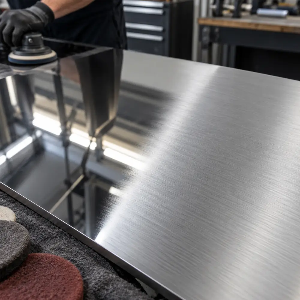 Polished chrome and stainless steel components in a workshop
