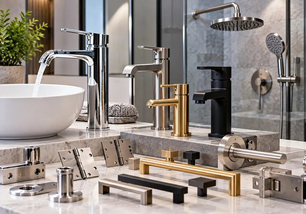 Polished bathroom tapware and architectural hardware
